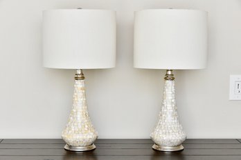 Pair Of Abalone Shell Style Tile Table Lamps With Chrome Hardware