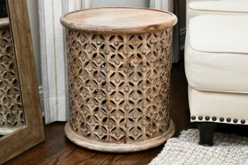 Cylindrical Carved Wooden Side Table