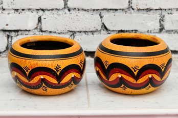 Pair Of Colorful Painted Clay Pots Made In Mexico