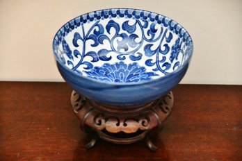 Blue And White Decorative Bowl With Wood Stone