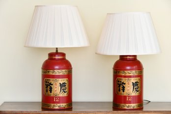 Pair Of Red Tin Asian Themed Table Lamps