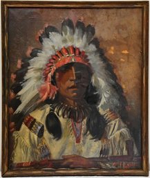 Remington Schuyler - Indian Chief Framed Paint On Canvas  - READ