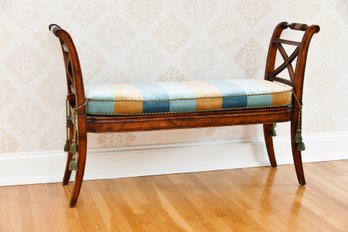 Vintage Rattan Wooden Bench With Custom Striped Cushion