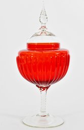 Red Glass Ribbed Candy Jar