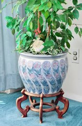 Faux Ficus In Asian Fish Bowl Planter And Wooden Base