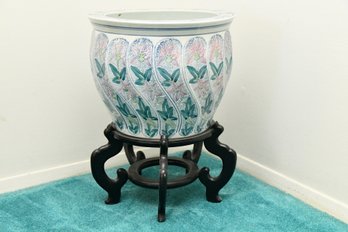 Asian Fishbowl Planter With Wooden Stand