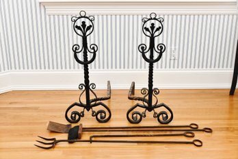 Ornate Black Andirons With Iron Tools