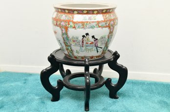 Famille Rose Jardiniere Fishbowl Planter On Wooden Stand