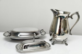 Silver Plate Pitcher, Butter Dish And Covered Platter