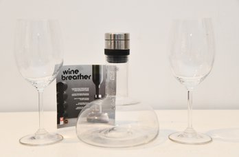 Pair Of  Riedel Red Wine Glasses With Decanter