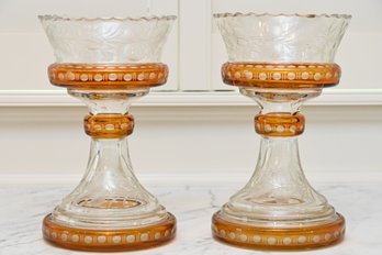 Pair Of Cut Glass Etched Amber Mantle Lusters