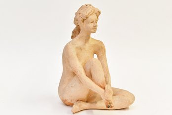 Seated Nude Bisque Fire Ceramic Sculpture  By Charles Reina - Signed