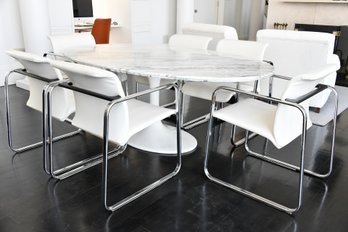 Saarinen Style Marble Top Table With 6 Herman Miller Chrome Chairs