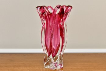 Clear And Rose Colored Heavy Glass Vase By Egermann Czech Republic