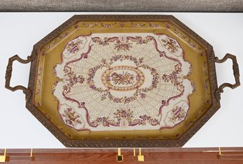 Asian Porcelain Tray Metal Frame And Handles