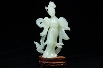 Caved Jade Figurine On Wooden Base Purchased In Hong Kong