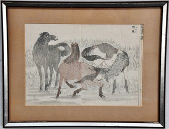 Old Hokusai (1760-1849) 'Wild Horses' 19th Century Key-Block Print 'Wild Horses'