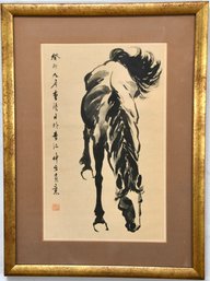 Asian Horse Calligraphy Purple Matted Background Gold Frame