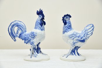 Pair Or Pennsbury Pottery Blue And White Porcelain Chicken Figurines