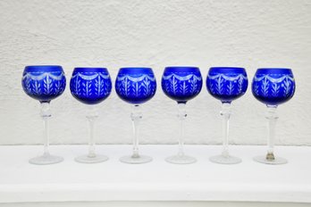 Cobalt Blue Bohemian Cut To Clear Wine Glasses