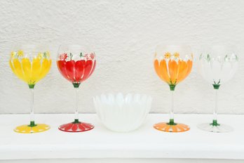 4 Blooming Daisy Hand Painted Wine Glasses And Silvestri Bowl