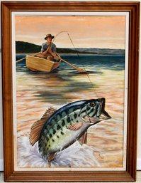 Largemouth Bass From Rowboat Paint On Board Artist Signed