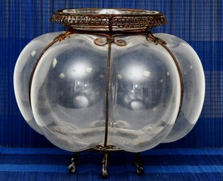 French Bulbous Wire Caged Footed Blown Glass Bowl