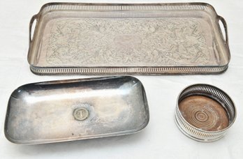 Three Piece Silver Plated Tray And Bottle Grouping