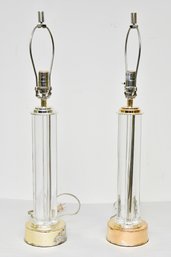 Mid Century Lucite Column Lamps With Linen Shades