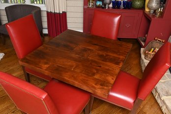 Square Wooden Table With 4 Red Nailhead Chairs