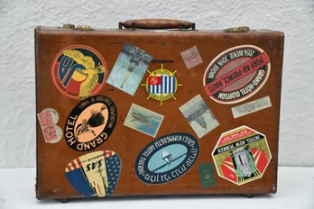 Vintage Brown Leather Attache With Stickers From Around The World
