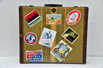 Vintage Leather Trim Travel Case With Stickers From Around The World