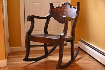 Mid Century Carved Mahogany Rocking Chair With Inlaid Design