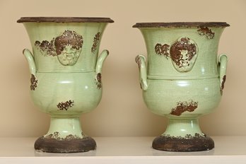 Pair Of Italian Anduze / Green Glazed Terracotta Medallion Urns