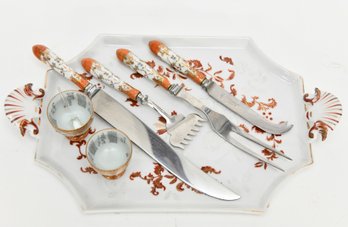 Hand Painted Serving Tray With Utensils And Footed Cups