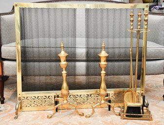 Brass Fireplace Set Including Andirons And Tools