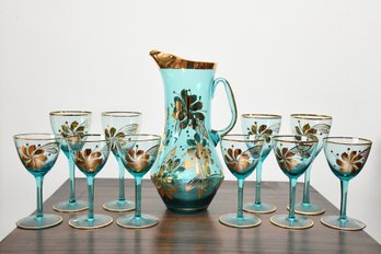 Gold Trim Blue Glass Drink-ware Set