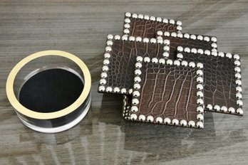 Leather Nail Head Coaster Set With Glass Dish