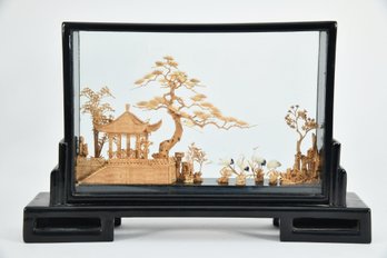 Asian Carved Wood Art In Glass Casing