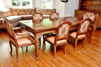 French Marquetry Extension Dining Table With 6 Chairs