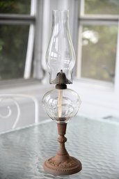 Antique Oil Hurricane Lamp With Metal Base