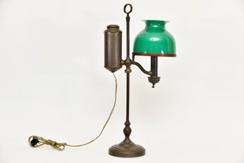 Antique Desk Lamp-bouillotte In Brass With Green Shade