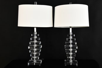 Mid Century Modern Stacked Lucite Lamps With Custom Shade
