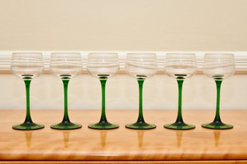 Set Of Six Green And Clear White Wine Glasses