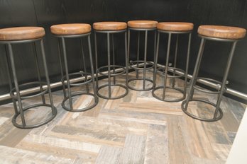 30 In. Brown And Black Backless Metal Frame Barstool With Pine Wood Seat- Set Of 6