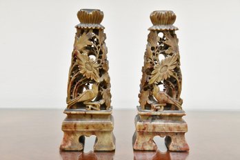 Pair Of Carved Soapstone Candle Holders
