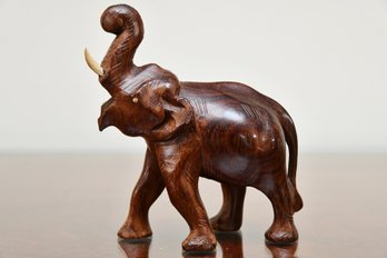 Carved Wooden Elephant With Bone Tusks