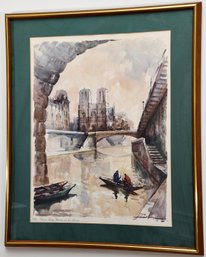 Vintage Notre Dame Watercolor Framed Signed Lafarue