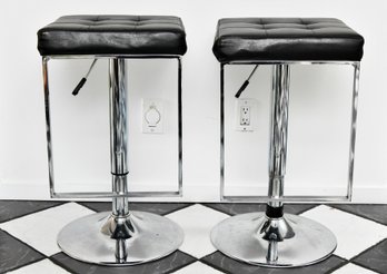 Pair Of Adjustable Black And Chrome Bar Stools
