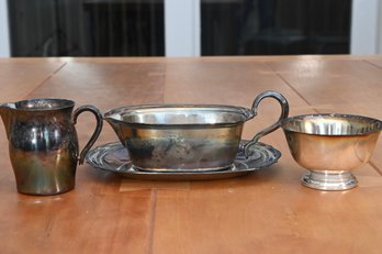 Vintage Silver-Plated Serving Set  Creamer, Gravy Boat, And Sugar Bowl